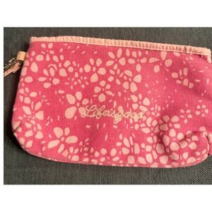 Life is Good‎ Pink Floral Canvas Zipper Pouch Wristlet Makeup Bag Daisy Pattern